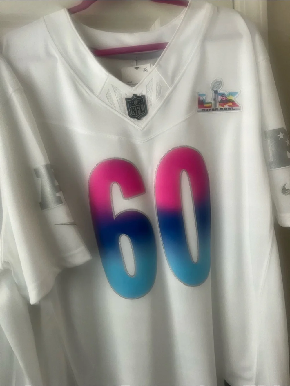 Official NFL Super Bowl  Jersey with Pink-to-Blue Gradient Number 60 Womens.